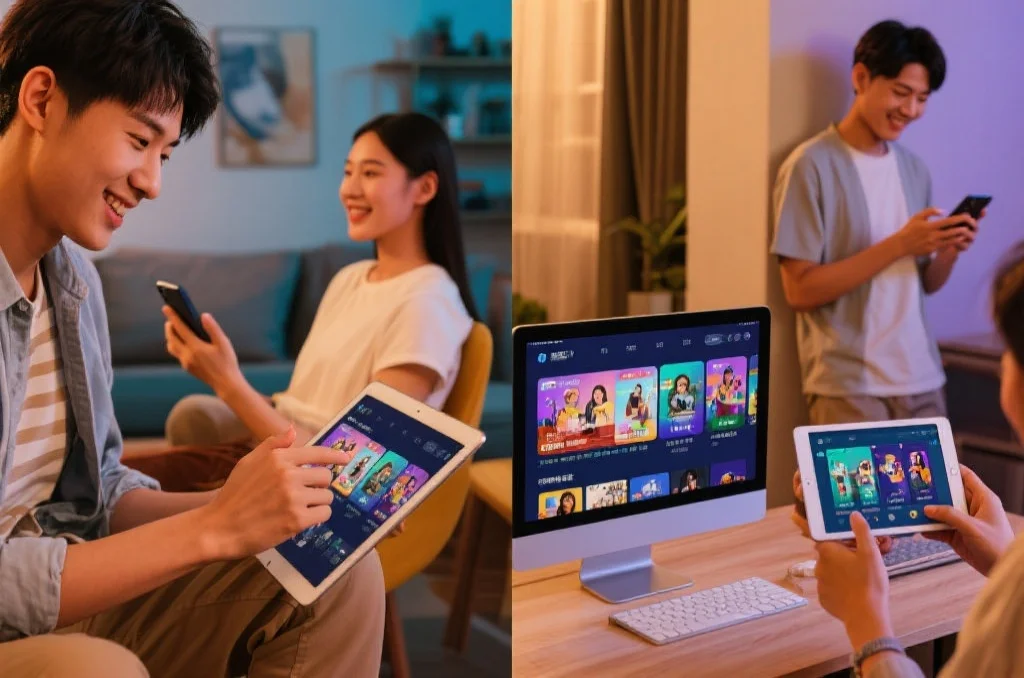 年轻人群在不同场景下使用手机和平板电脑体验线上娱乐服务，展现移动端和桌面端的多平台兼容性