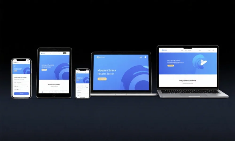 一组不同设备（手机、平板、笔记本电脑）并排摆放，显示同一个娱乐平台的不同界面，突出跨平台体验