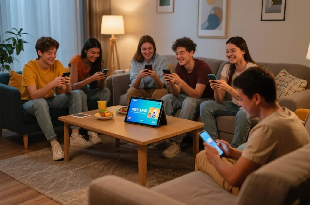 多位年轻人在舒适的客厅里使用手机和平板体验数字娱乐平台，气氛轻松愉快